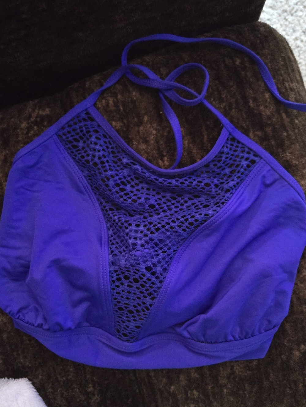 High-Neck Lace-Insert Swim Top in Deep Purple